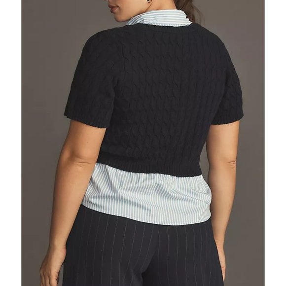 Anthropologie Maeve Cable Short-Sleeve Twofer Sweater Navy Blue 1X Plus - Picture 2 of 8